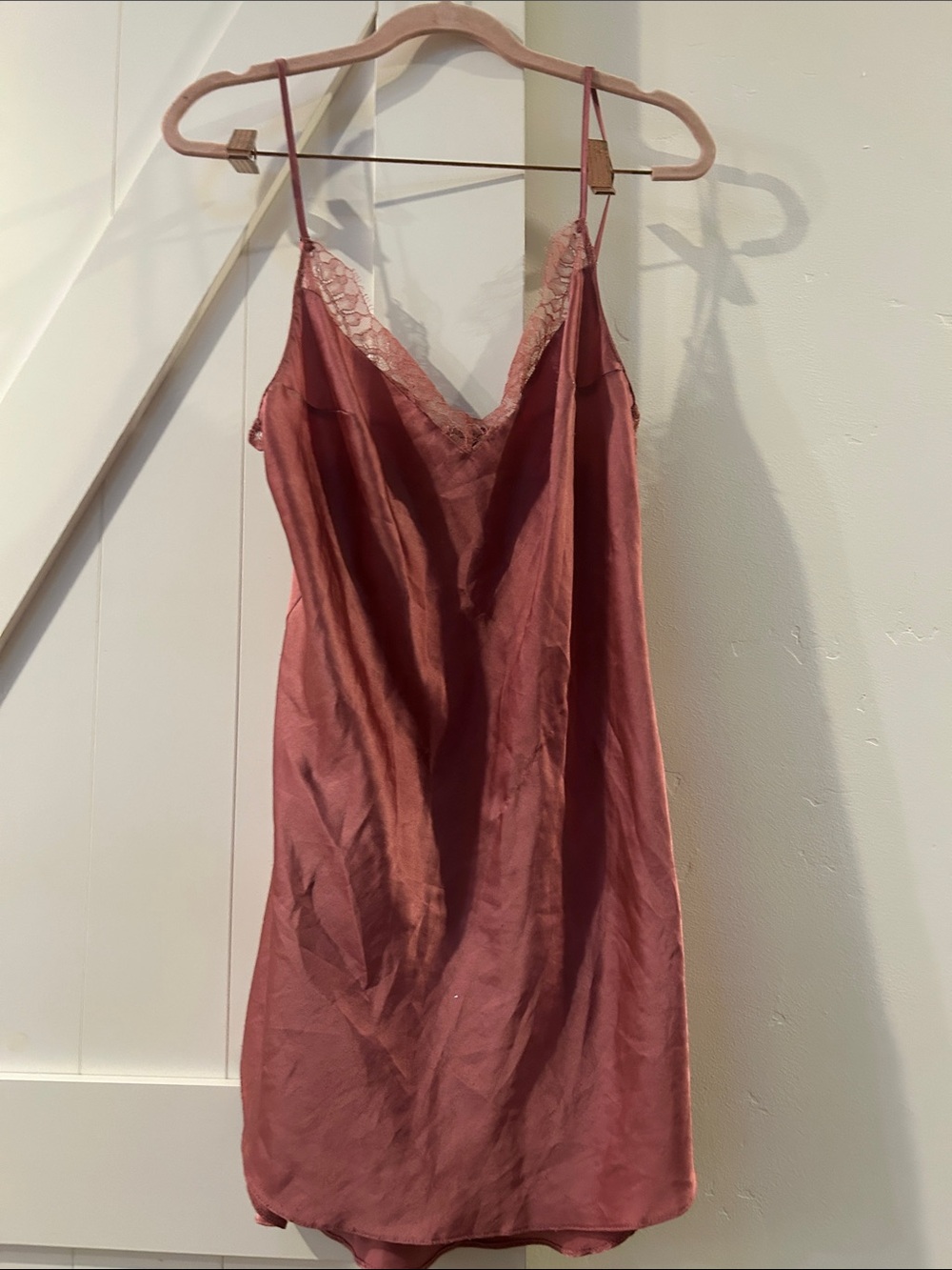 Victoria's Secret Rose Satin Lace-Trim Slip w small amount of wear on mid area